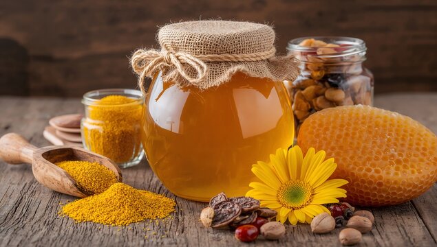 Golden honey in jar with yellow flowers and nuts, natural beauty and health concept - Powered by Adobe