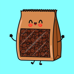 Coffee bag character waving with roasted beans