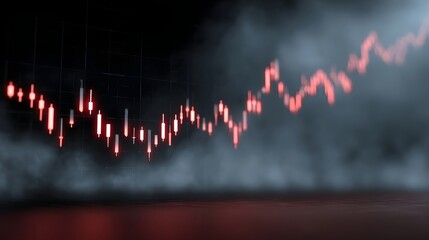 Dynamic red candlestick chart shows upward trend amidst atmospheric fog and grid background symbolizing financial market growth and volatility