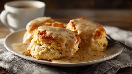 Warm biscuits and gravy served on white plate placed on linen fabric, minimal spacing at top