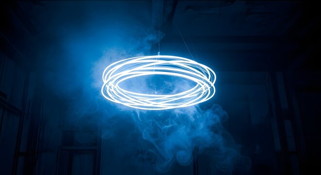 Blue light trails form a glowing circle in the dark