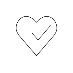 Outline of a heart shape with a check mark inside, simple black and white vector illustration design