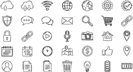 Hand-drawn Black and White Line Art Technology and Web Icons Set. Doodle Collection of Digital User Interface, Mobile App, and Essential Communication Symbols.