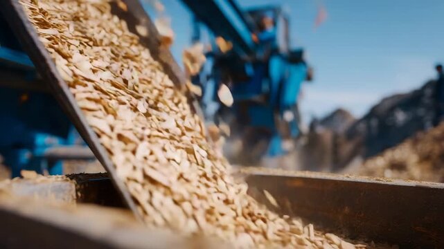 Macro-style view of wood chips falling from machinery chute into container, individual chip details visible, industrial factory background softly blurred, motion emphasized