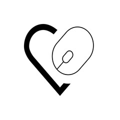 Heart shape formed by a thick black line with a computer mouse outline inside on a white background
