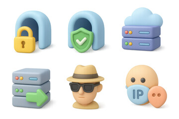 Vpn icon set featuring security, server, and privacy elements for digital design