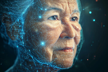 Interacting with digital holographic interface in futuristic virtual space innovation scene, generative ai