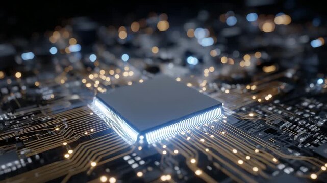 Microchips emerging on industrial conveyor from rare earth powders, high-resolution metallic textures, glowing circuitry representing computing and geopolitical advantage