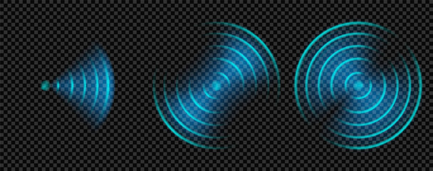 Sonar sound effect with wifi radar signal and blue light glow. Neon 3d tech ripple with circular radial echo. Technology sensor frequency for background. Abstract laser icon design for hud overlay