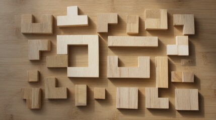 Wooden puzzle pieces arranged on bamboo surface , Brain Teaser Month