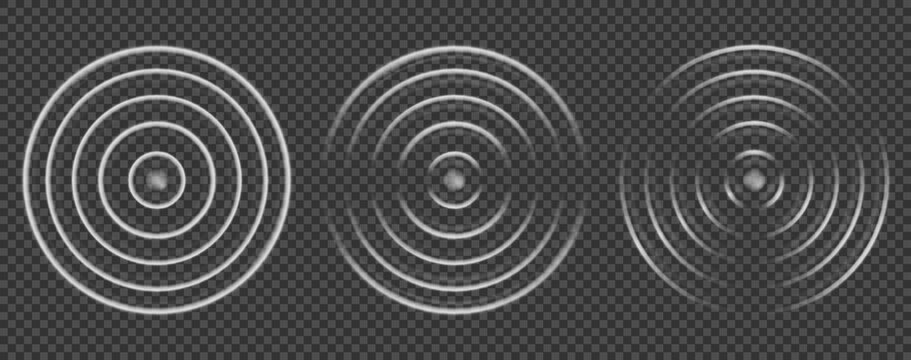 Wave sound effect with wifi circle and sonar signal ripple for radar technology. White neon concentric vibration pulse in radial motion for tech background. Abstract vector hud light symbol