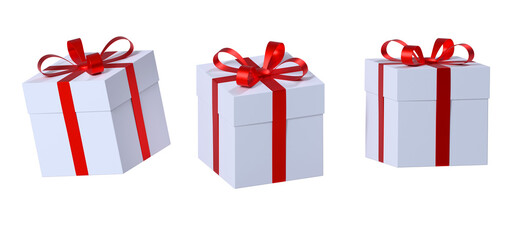 White gift boxes with red ribbon on transparent background 3D render