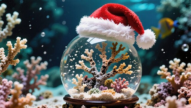 Snow globe containing a miniature dying coral reef wearing a tiny Santa hat