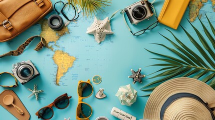 Flat lay of travel essentials and world map on a blue background
