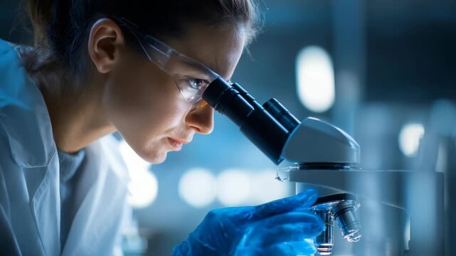 A dedicated researcher conducts scientific analysis using advanced microscopy technology in a professional lab environment. The scene highlights innovation, precision, and scientific discovery