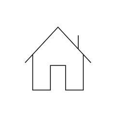 A minimalist line drawing of a house with a pitched roof and a chimney, featuring a simple door outline