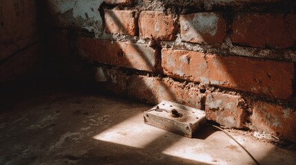Sunlight streams through a window onto a weathered metal lock affixed to a dusty floor beside a sun-drenched brick wall