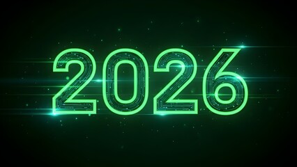 2026 Vibrant Green Neon Light Effect Text with Digital Glitch and Particle Trails on Dark Background - Tech-Inspired New Year