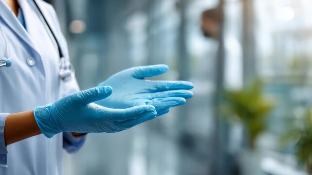 Close up of a doctor putting on blue medical gloves in a bright clinical environment, emphasizing cleanliness and protection. The image highlights modern healthcare practices and safety protocols