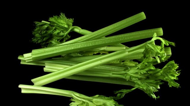 Fresh celery soars up on a black background. Filmed on a high-speed camera at 1000 fps. High quality FullHD footage