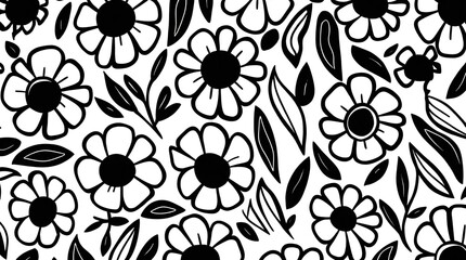 Hand drawn black and white floral pattern with daisies and leaves