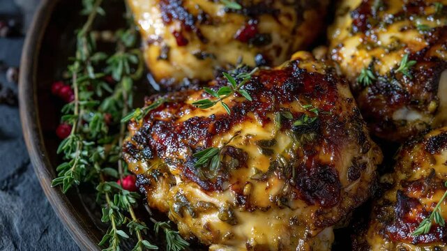 Overhead view of roasted chicken pieces with deep spiced crust and rustic tones, surrounded by scattered peppercorns and sprigs of thyme