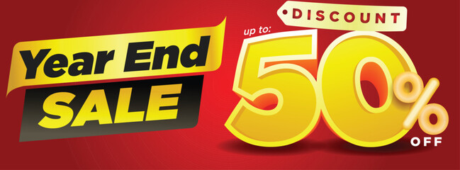 year end sale banner. discount up to 50%. 3d modern clean style. promotional sale banner template vector illustration