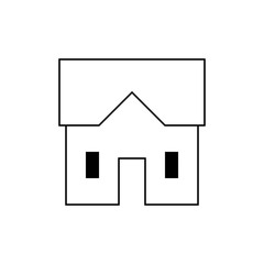 Simple line drawing of a house with a rectangular roof, a peaked section, and two square windows, centered