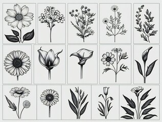 Collection of hand drawn botanical illustrations of various flowers and plants
