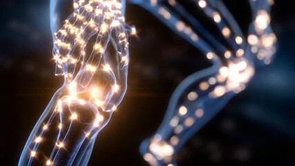 Realistic digital rendering of human skeleton focusing on the knee area, transparent ligaments and cartilage, pain spot glowing orange, perfect for scientific and clinical medical - Powered by Adobe