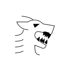 Stylized black and white drawing of a wolf head with sharp teeth and triangular eye detail design