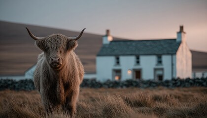 Highland Cow Grazing in Beautiful Scenic Pasture with Farmhouse and Rolling Hills in Background