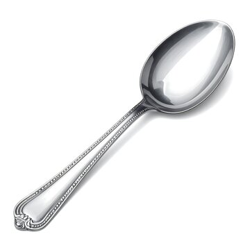 Close-up studio shot of a shiny, silver, decorative spoon