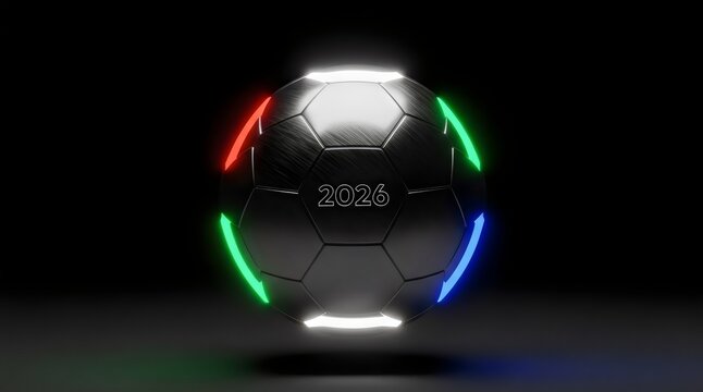 Futuristic 2026 Soccer Ball with Glowing Rings, World Championship Sports Concept, 3D Render on Black Background