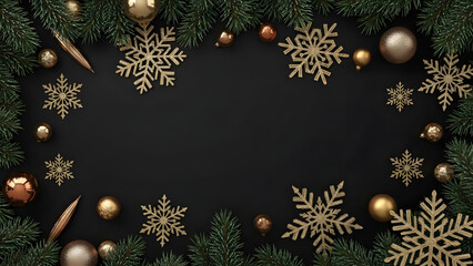 Festive christmas frame with golden ornaments and snowflakes on black