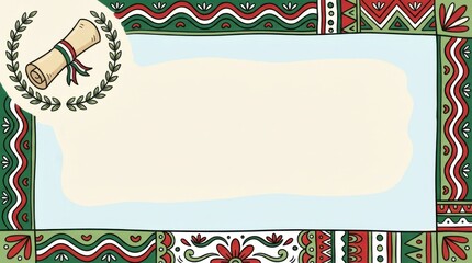 cartoon border frame template for mexico constitution day illustration template featuring scroll icon with decorative border in flag colours on simple pastel background with plenty of empty space