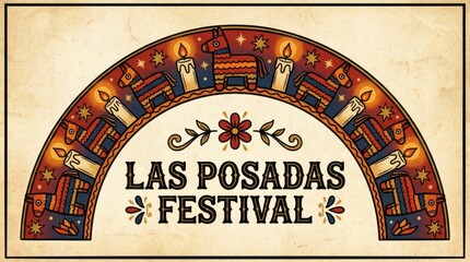 bold wall art print template for las posadas festival illustration template featuring pinata and candle motifs arranged in an arch on subtle textured background that looks like paper