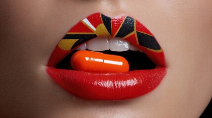 Close-up of artistic lip makeup with orange in a high-def studio photography concept