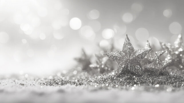 Glistening silver stars scatter across a soft, shimmering surface, casting a delightful spell of enchantment. Twinkling reflections enhance the festive mood, Cloud Dancer Color of the Year