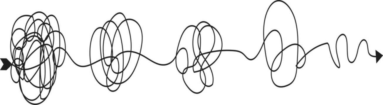 Chaotic Line Path Transforming into Clear Direction &mdash; Problem Solving, Mental Journey, Overthinking to Clarity, Motivation and Psychological Process Concept Illustration