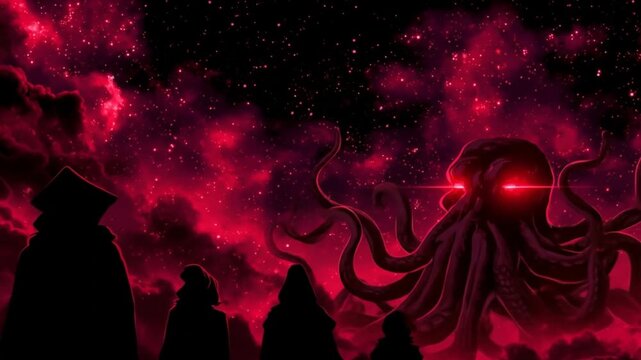 Dark hooded figures confront an ominous tentacled cosmic entity with a glowing red eye under a crimson nebula sky, digital fantasy art.