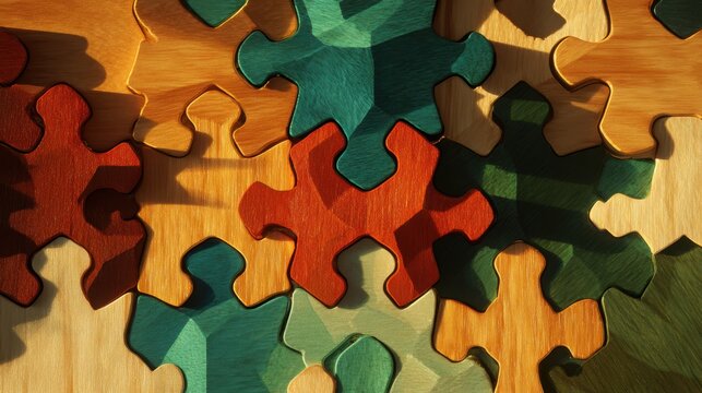 Abstract colorful wooden puzzle pieces pattern - Brain Teaser Month - Powered by Adobe