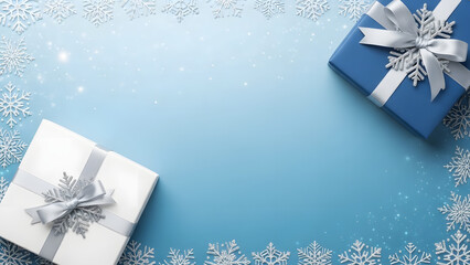 Festive winter background with gift boxes and snowflake decorations