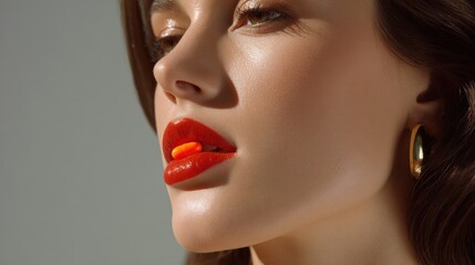 High-quality portrait of fashion model with red lips and candy in studio close-up