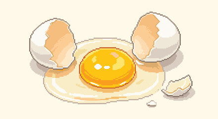 A realistic pixel art illustration of a cracked egg with a bright yellow yolk and clear egg white on a light surface.