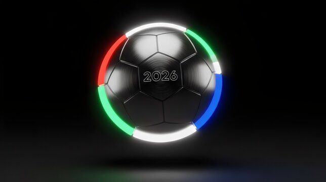 Futuristic 2026 Soccer Ball with Glowing Rings, World Championship Sports Concept, 3D Render on Black Background