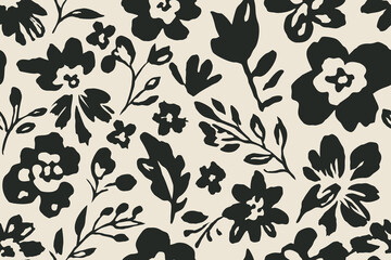 Modern flower pattern seamless black floral silhouette design on cream background elegant botanical repeat motif for textile fabric wallpaper wrapping paper and decorative surface print.