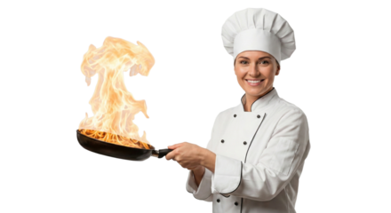 Smiling chef expertly flips pasta in a pan with impressive flames, cooking with passion and creating delicious gourmet food in a professional kitchen