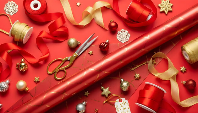 Golden ornaments and red ribbons decorate for the Chinese New Year celebration and winter holiday season