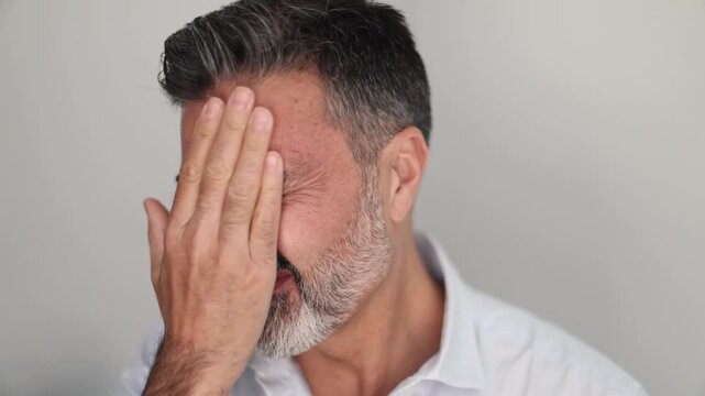 Stressed mature man experiencing headache and despair